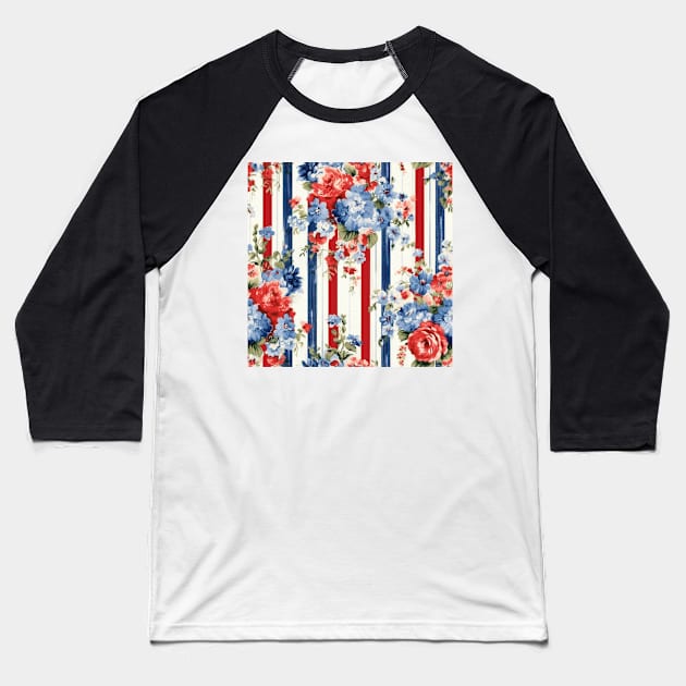 Red White and Blue Patriotic Shabby Floral Baseball T-Shirt by VintageFlorals